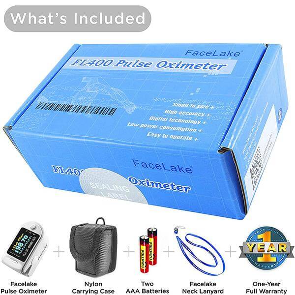 FL400 Pulse Oximeter with Carrying Case, Batteries, Lanyard, White, FDA 510(k) cleared