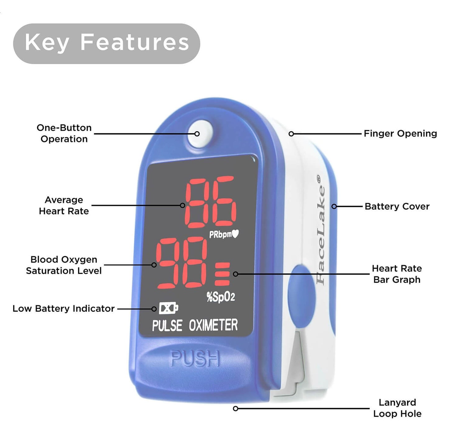 FL400 Pulse Oximeter with Neck/Wrist Cord, Carrying Case and Batteries, Blue