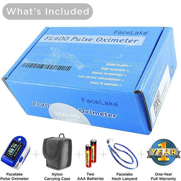FL350 Pulse Oximeter with Lanyard, Carrying Case & Batteries, Blue, FDA 510(k) cleared