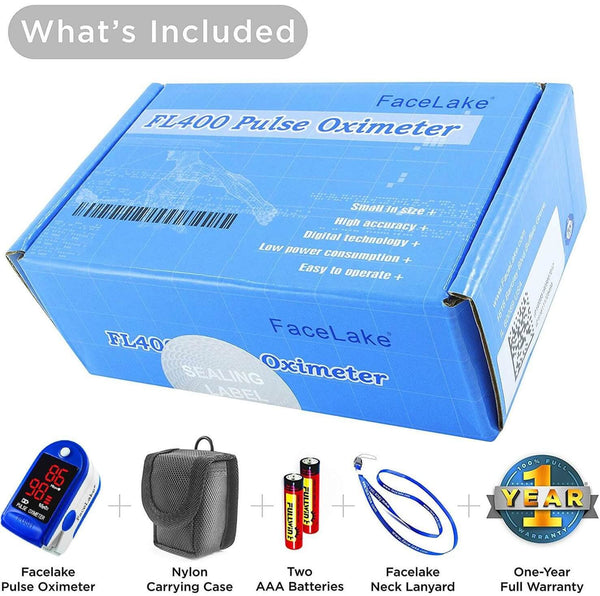 FL400 Pulse Oximeter with Lanyard, Carrying Case and Batteries, Blue, FDA 510(k) cleared