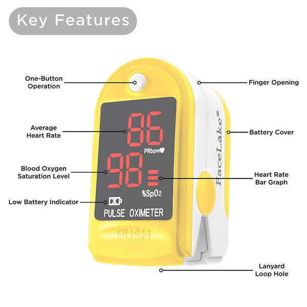 FL400 Pulse Oximeter with Neck/Wrist Cord, Carrying Case and Batteries, Yellow, FDA 510(k) cleared